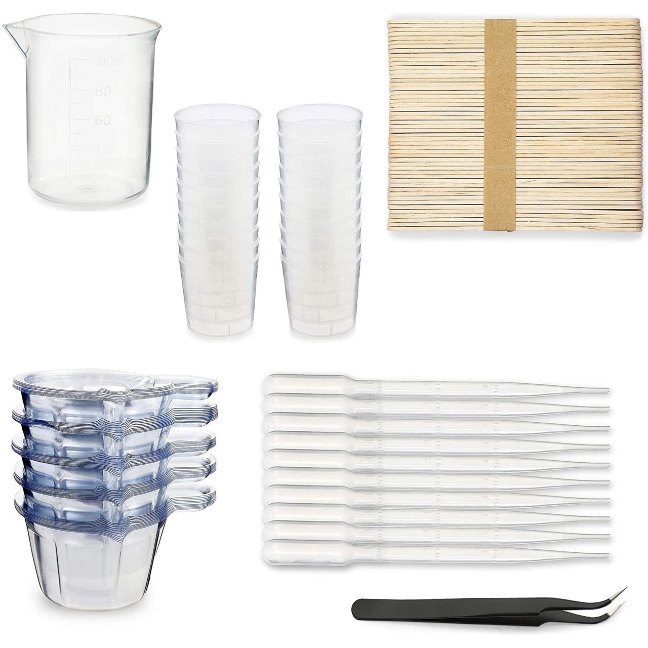 Epoxy Resin Cups Set of 2pcs 3.4oz Measuring Cups, 20pcs 2oz Small Cups,50pcs Mixing Cups with Sticks, Dropping Pipette, Tweezers and Finger Cots